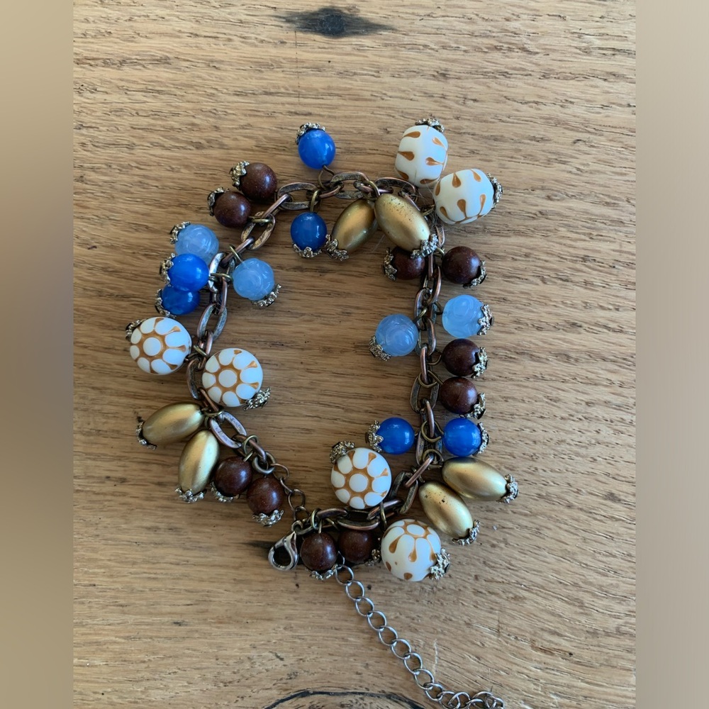 Bracelet Glass and Metal Beads Bangle Blues Browns Bronze Silver Preloved‎